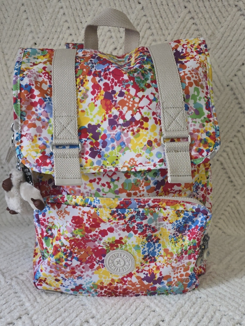 Kipling Multicolor Splatter Canvas Backpack with Cream Straps